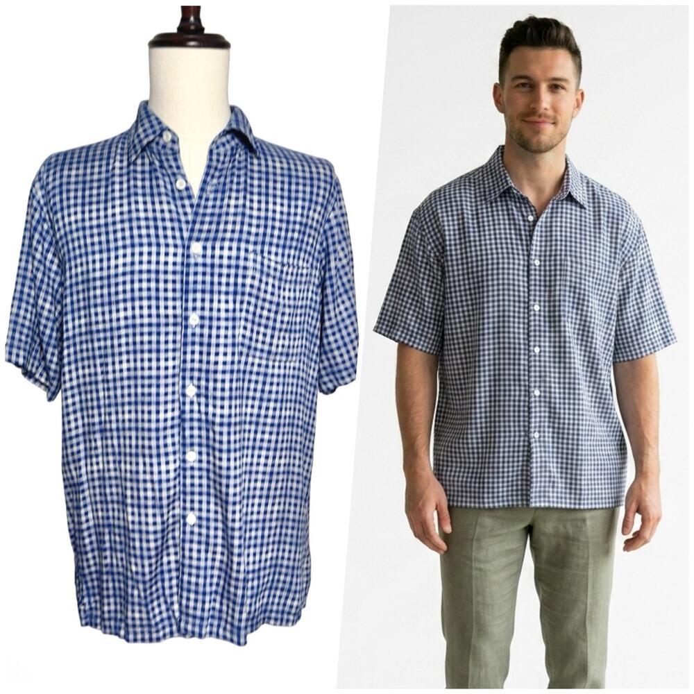 Vintage Silk | Men | Blue Picnic Plaid Soft Silk Blend Button Up Shirt | Large